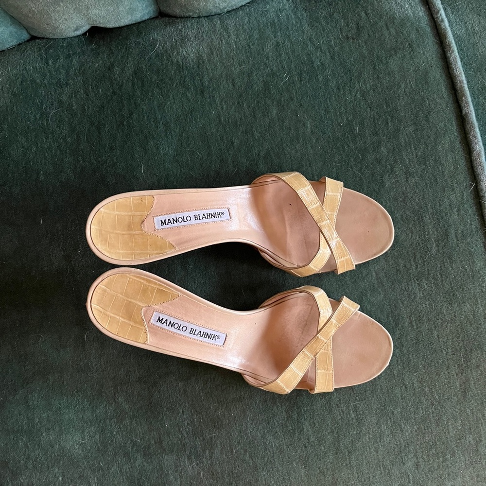 Manolo Blahnik Beige Callamu Snakeskin Sandals